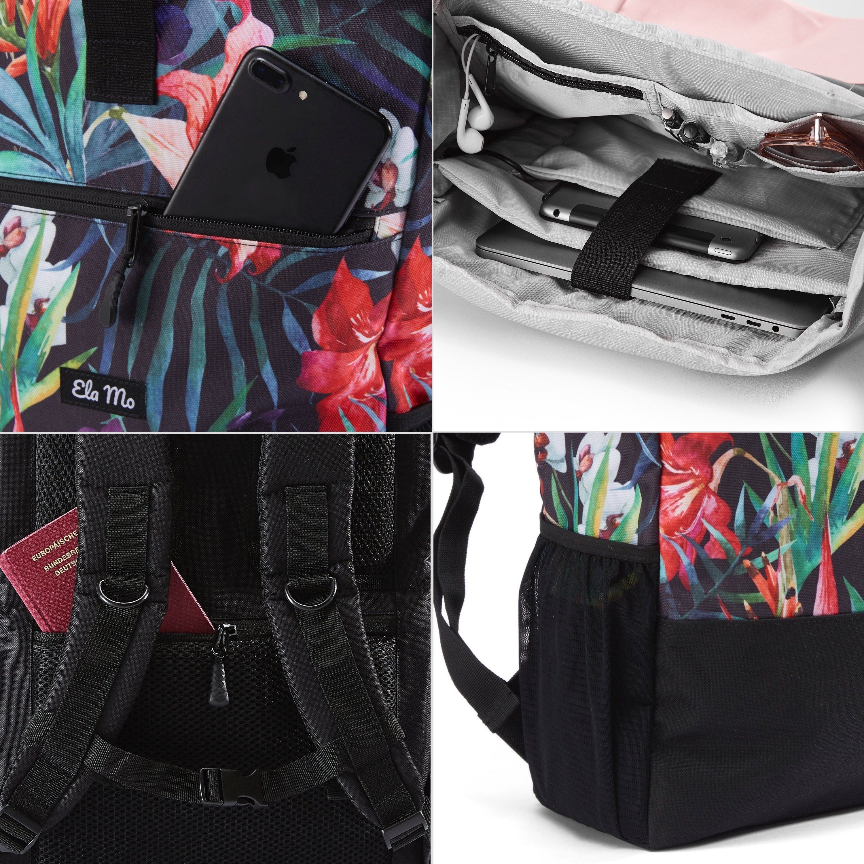 Rolltop Rucksack Tropical Heat Innen- und Außenfächer